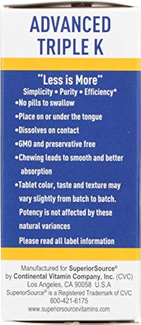 Superior Source Vitamina K1 K2 MK-4 MK-7 Sublingual – Menaquinona 4 500 mcg, Menaquinona 7 50 mcg Disolver instantáneamente tabletas – Vitaminas K2 Disolubles – 30 unidades