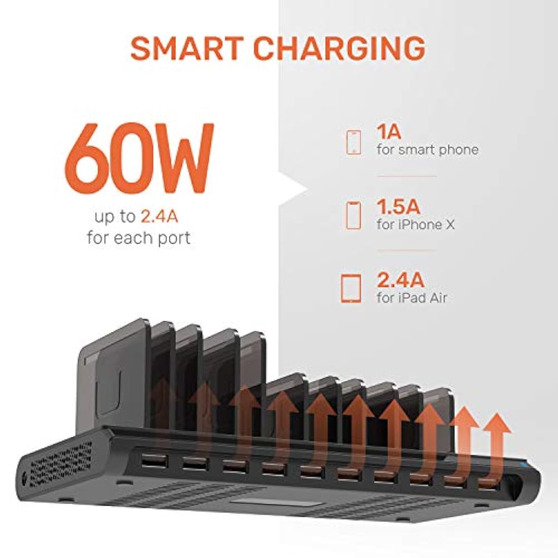 Estación de carga USB para 10 puertos con 2,4 A/negro/60 W.