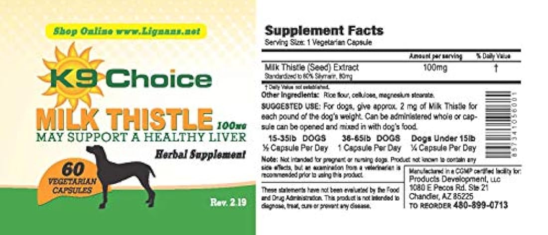 Cardo de Leche para perros 100 mg 60 Cápsulas