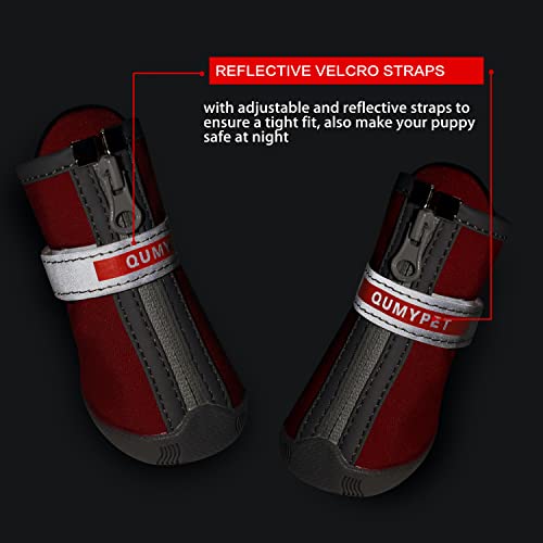QUMY - Botas para perros pequeños y cachorros, impermeables, para la nieve del invierno, con franja reflectante, suaves y cómodas, con suela de goma antideslizante, color rojo, 4 unidades