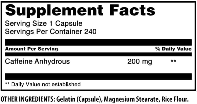 Suplemento de Cafeína Amazing Formulas | 200 mg | 240 Cápsulas