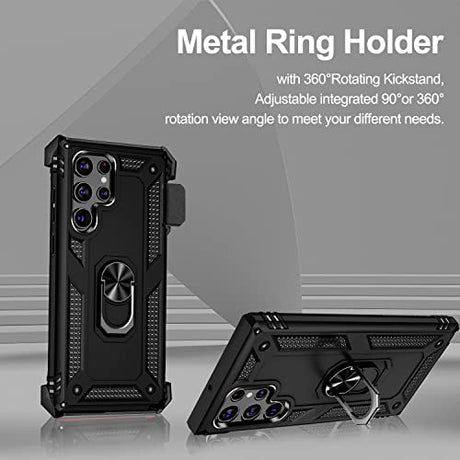Funda para Galaxy S22 Ultra, Samsung S22 Ultra con clip para cinturón, soporte de anillo, cubierta de protección de grado militar [compatible con soporte magnético para automóvil] Funda a prueba de golpes para S22 Ultra (negro)
