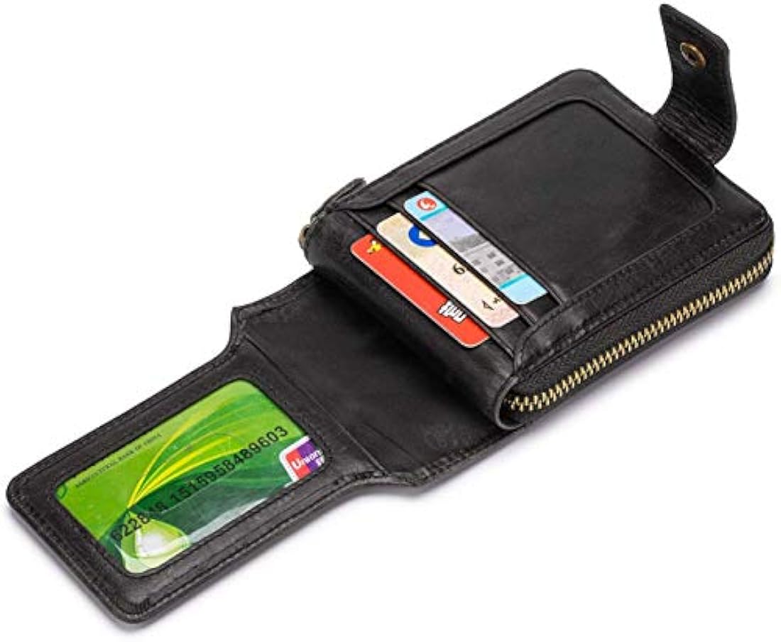 Billetera de piel auténtica con cremallera  Negro