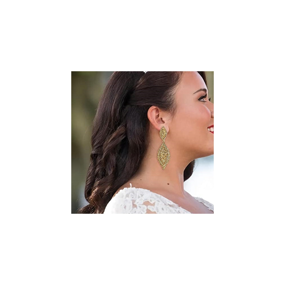 Aretes colgantes de 2 hojas con cristales para novia