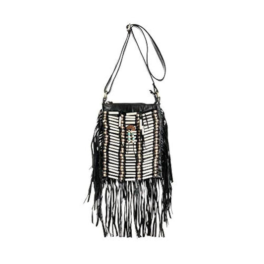 Bolso de piel con flecos color negro y blanco.Marca BohoBags