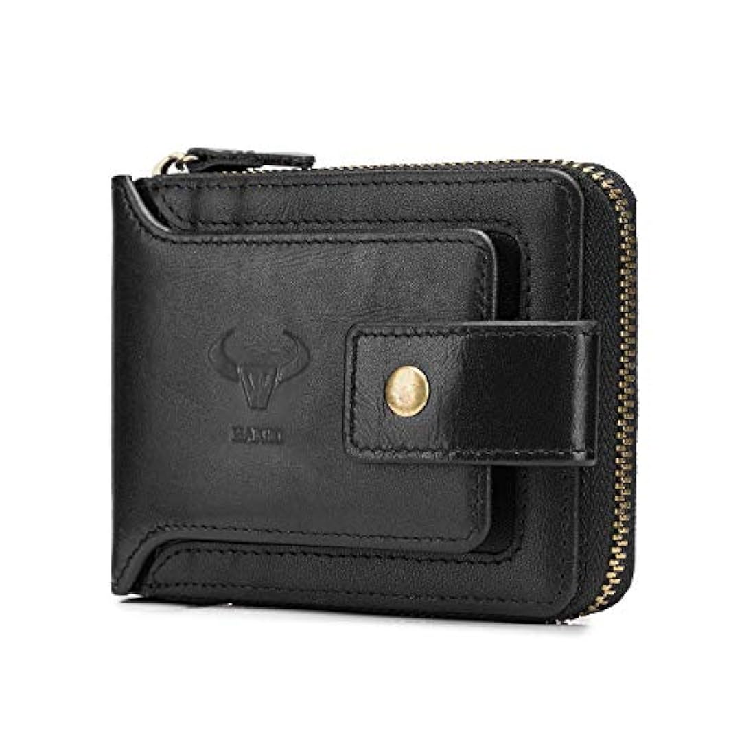 Billetera de piel auténtica con cremallera  Negro
