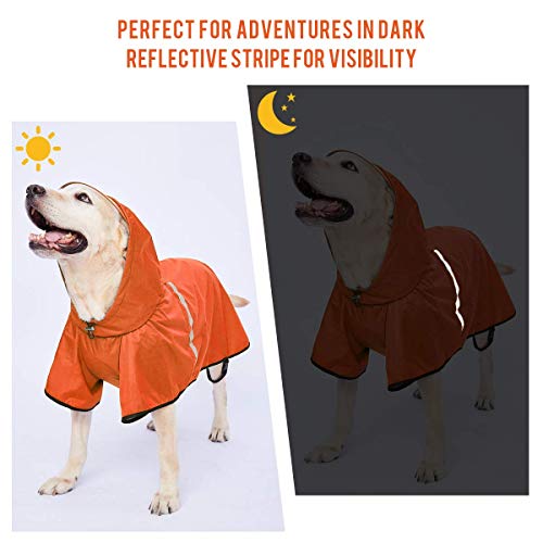 Impermeable para perros con correa ajustable para el vientre y agujero para correa, sudadera con capucha con tira reflectante, impermeable, ligero, transpirable, poncho de lluvia para perros medianos y grandes, fácil de usar, naranja, 3XL