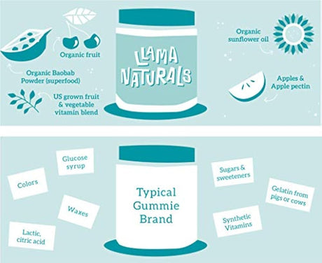 Llama Naturals Bites vitamínicos a base de plantas (adultos); orgánico; sin azúcar añadido, edulcorantes o sintéticos; gominola multivitamínica vegana (D3, B12, folato y más; 90 mordeduras de fruta real (30 días), 1