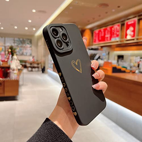Qokey Funda para iPhone 11 Pro Max (6.5 pulgadas 2019), diseño de corazón de amor chapado en los lados y la espalda, con lente anticaída, protección de cámaras de TPU suave, a prueba de golpes, fundas antihuellas para mujeres, niñas y hombres, color negro