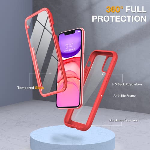 Miracase Glass Series - Funda diseñada para iPhone 11 [actualización 2022] Funda resistente de cuerpo completo con protector de pantalla de vidrio templado 9H integrado compatible con iPhone 11 de 6.1 pulgadas (rojo)