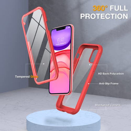 Miracase Glass Series - Funda diseñada para iPhone 11 [actualización 2022] Funda resistente de cuerpo completo con protector de pantalla de vidrio templado 9H integrado compatible con iPhone 11 de 6.1 pulgadas (rojo)