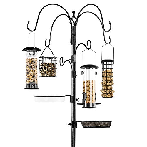 Best Choice Products Estación de alimentación para pájaros de 6 ganchos, kit de alimentación múltiple de acero para atraer pájaros silvestres con 4 comederos de pájaros, bandeja de malla, baño de pájaros, base de 5 puntas, color negro