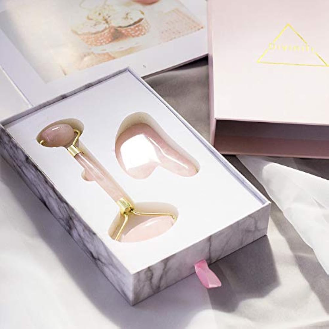 Rodillo de cuarzo rosa y gua sha – Regalo para mujer