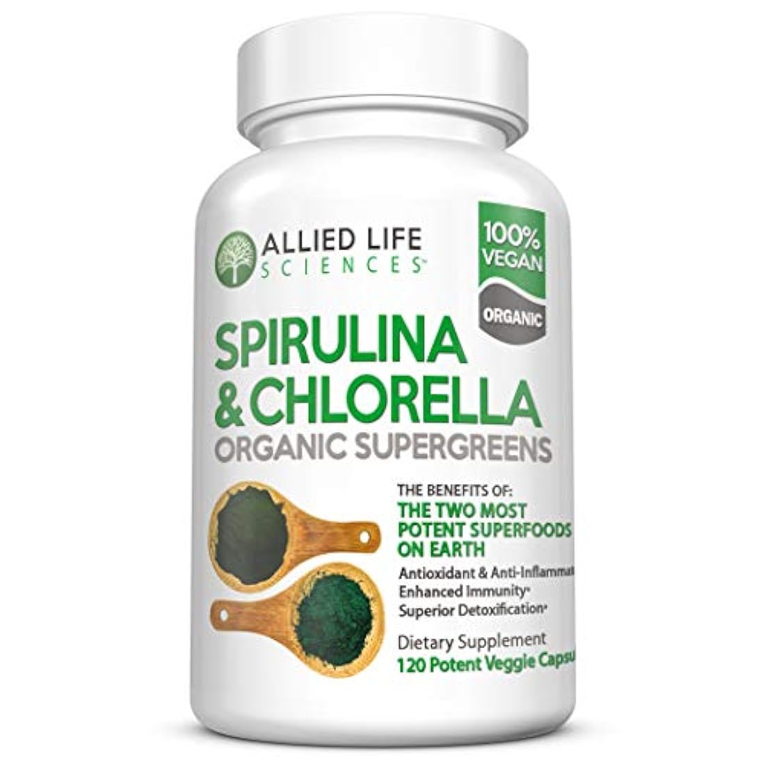 Allied Life espirulina y clorela. Cápsulas de proteínas