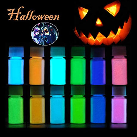 12 Color Glow in The Dark Pigment Powder with UV Lamp, Luminous Powder Non-Toxic Skin Safe Long Lasting for Epoxy Resin Paints, Acrylic Paint, Resin Crafts, Music Festivals/ Theme Party/ Halloween Decoration Pigment