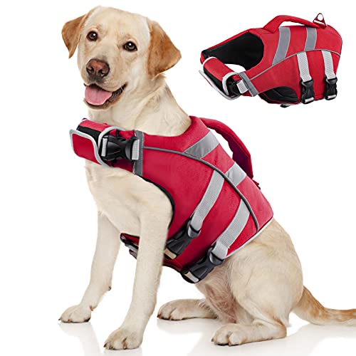 Kuoser Chaleco salvavidas para perros con rayas reflectantes, chaleco salvavidas ajustable de alta visibilidad, salvavidas para perros pequeños, medianos y grandes