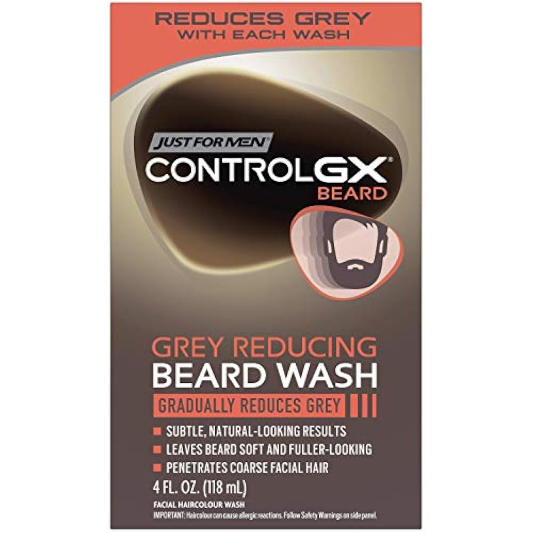 Just For Men Control GX - Lavado de barba reductor de color gris, Da color gradualmente al bigote y la barba, Lavado de barba., paquete de de 1