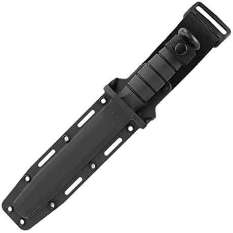 KA-BAR, cuchillo de pelea / usos varios, dentado con punta filosa y con vaina resistente, color negro