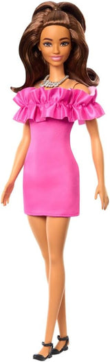 Muñeca de moda #217 con cabello ondulado y vestido rosa