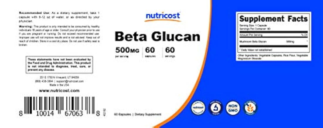 Nutricost Beta Glucan 500 mg 1,3D Glucan, 60 cápsulas