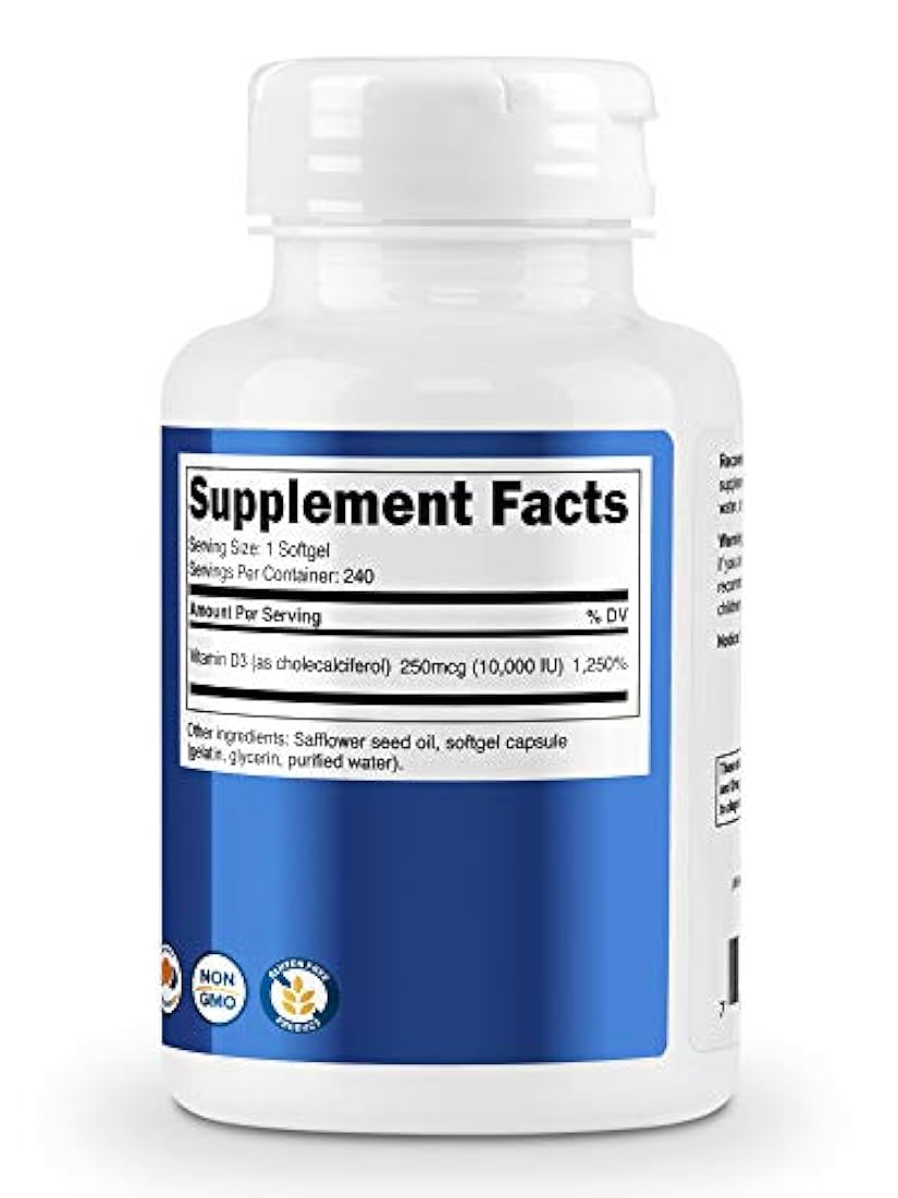 Vitamina D3 10,000 UI, 240 cápsulas de gel blando