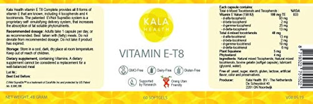 Kala Health Vitamina E-8 softgels – Proporciona todas las 8 formas de vitamina E incluyendo 4 tocoferoles y 4 tocotrienoles el suplemento de vitamina E más completo disponible, 60, 60