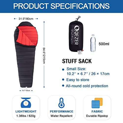 QEZER Saco de dormir ultraligero de plumón para adultos de 44 a 62 grados F con 600 grados de potencia, saco de dormir compacto de verano con saco de compresión para mochileros, senderismo y camping