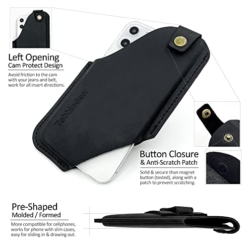TobbinGear Funda de cuero para teléfono celular con clip para cinturón, bolsa de cuero para cinturón, funda universal de cuero para teléfono, soporte para iPhone, funda de teléfono celular, color negro mediano