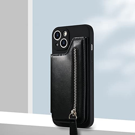 TopFunny Cartera adhesiva para funda de teléfono, tarjetero adhesivo de crédito para la parte posterior de las fundas del teléfono, funda de cuero con cremallera, compatible con iPhone, Samsung Galaxy la mayoría de los smartphones, color negro
