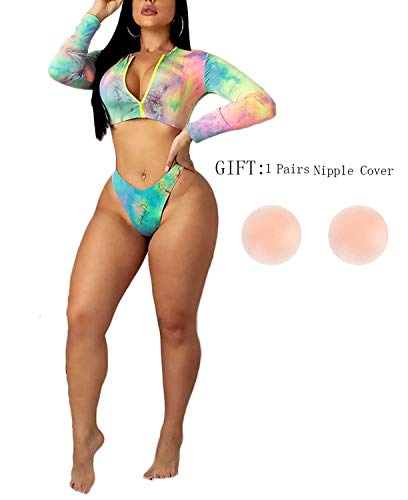 SIAEMRG - Traje de baño de manga larga para mujer, 2 piezas de traje de baño de bikini de talle alto, estampado 3D, ropa de playa estilo tankini