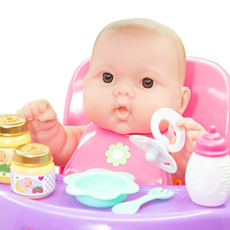 Muñeco de bebé con silla alta y accesorios para bebés