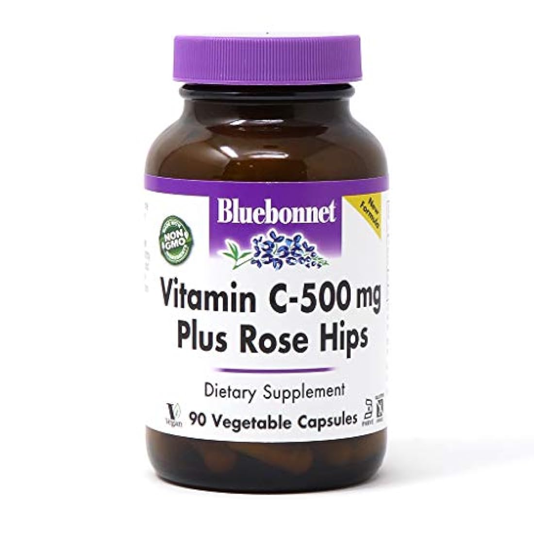 Bluebonnet Nutrition Vitamina C-500 mg Plus cápsulas vegetales de caderas de rosa, para la salud inmune, para protección antioxidante, libre de soja, sin gluten, sin OMG, Kosher, sin lácteos, vegano, 90 unidades