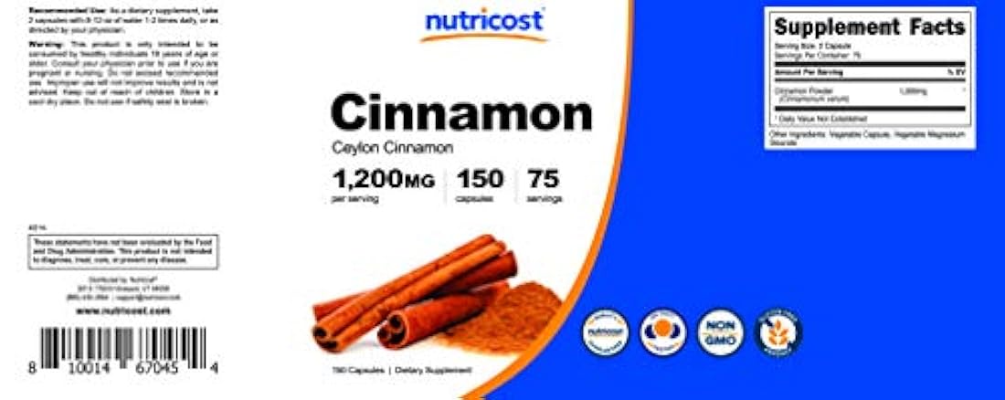 Nutricost canela (Ceylon canela) 1,200 mg porción