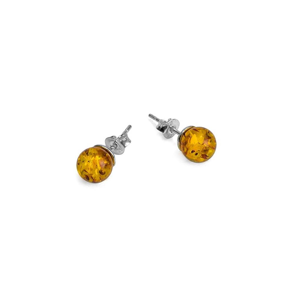 Aretes de bola pequeños de ámbar miel y plata