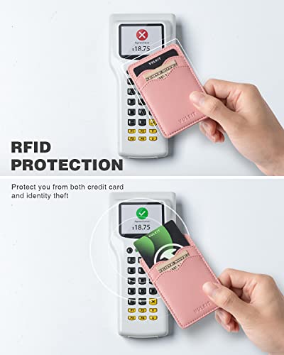 VULKIT Portatarjetas de teléfono de piel delgada con bolsillo adhesivo RFID bloqueo de tarjetas de crédito, pegatina para la parte posterior del smartphone, Rosa