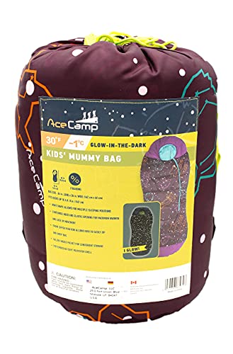 AceCamp Saco de dormir para mamá que brilla en la oscuridad, para niños y jóvenes, clasificación de temperatura de 30°F/-33.8&nbsp;°F, resistente al agua para camping, senderismo y fiesta de pijamas