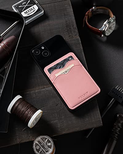 VULKIT Portatarjetas de teléfono de piel delgada con bolsillo adhesivo RFID bloqueo de tarjetas de crédito, pegatina para la parte posterior del smartphone, Rosa