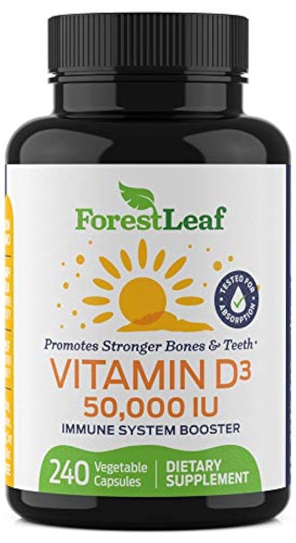 Vitamin D3 50,000 IU Weekly Supplement - 240 Vegetable Capsules - For Bones, Teeth, Immune System and Muscle Function - by ForestLeaf