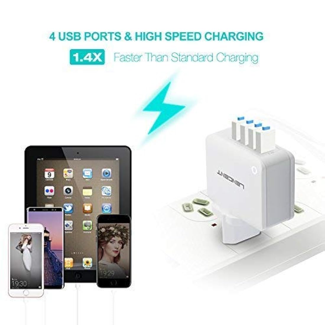 LENCENT - Cargador de pared USB múltiple, 4 puertos USB