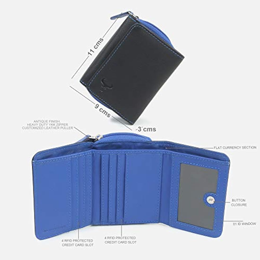 Billetera de piel para mujer color negro y azul. AlphaHide