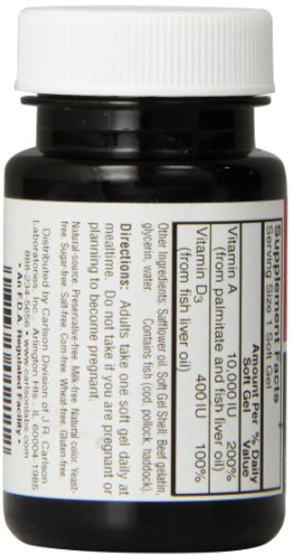 Carlson Labs Vitamina A y D, 10000/400 IU, 1211, 100, 1, 1