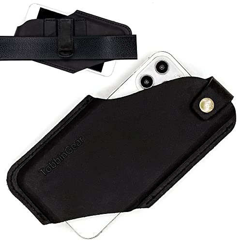 TobbinGear Funda de cuero para teléfono celular con clip para cinturón, bolsa de cuero para cinturón, funda universal de cuero para teléfono, soporte para iPhone, funda de teléfono celular, color negro mediano