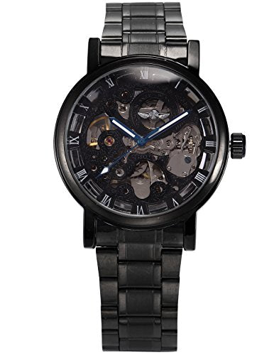 Reloj mecánico de cuerda de acero inoxidable negro