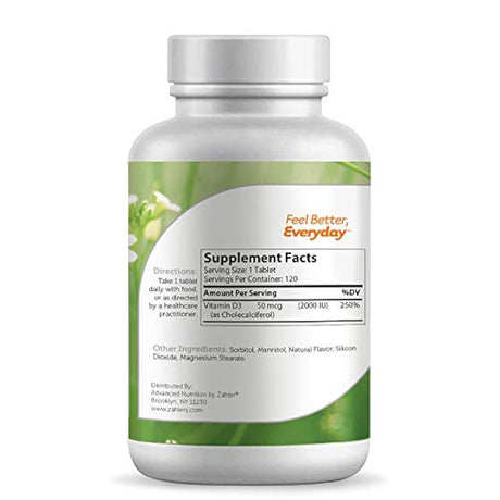 Zahler Vitamina D3 CHEWABLE 2000IU, un suplemento totalmente natural que se dirige a las deficiencias de vitamina D, certificado Kosher, 120 tabletas con sabor a naranja de gran sabor