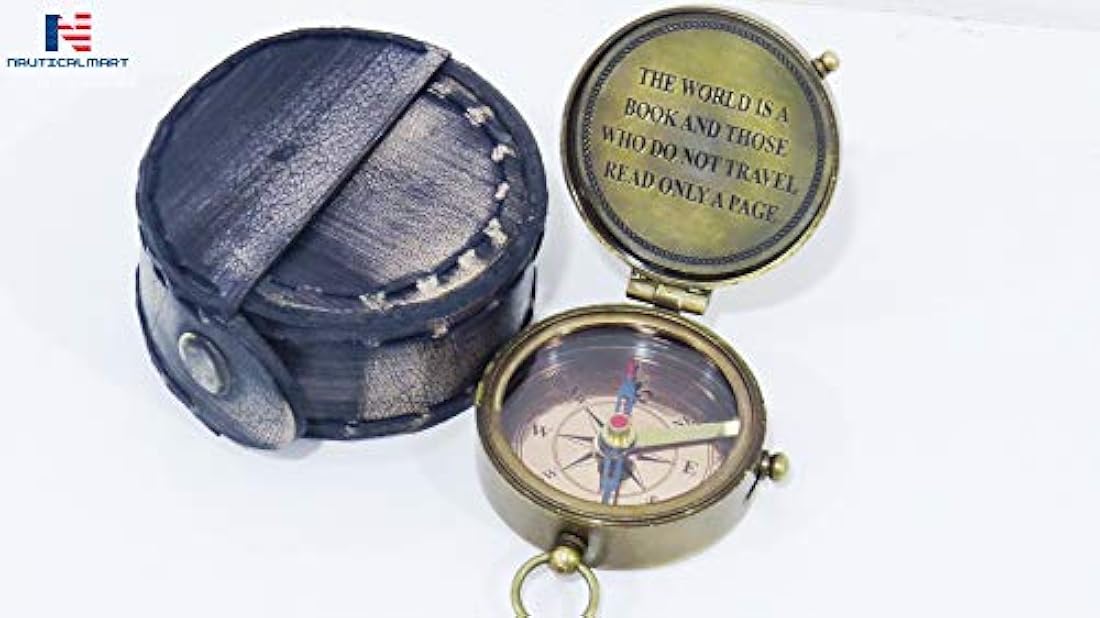 Brújula de latón con funda de piel, regalo náutico