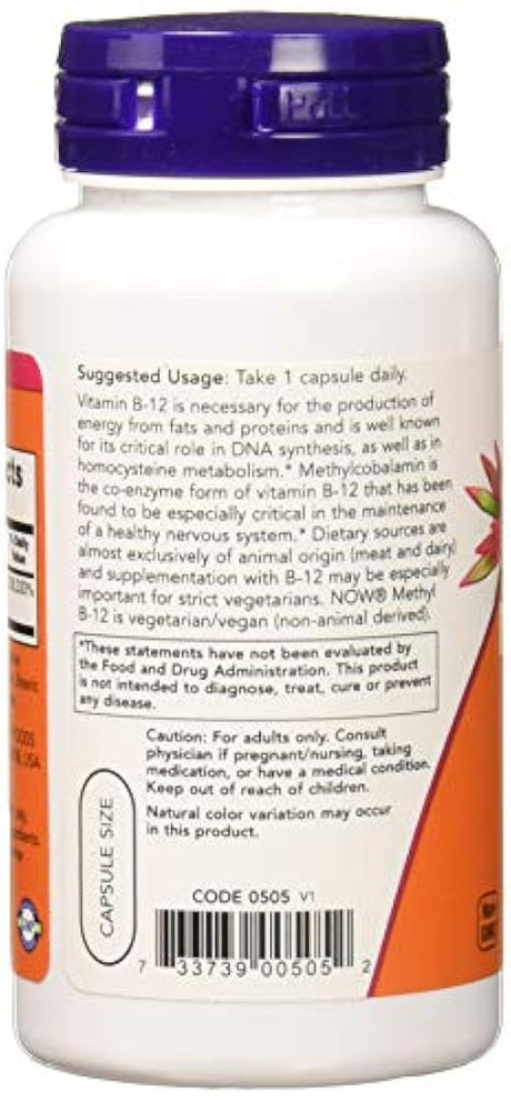 Suplementos Now Methyl B-12 5000 mcg, metilcobalamina, hipoalergénico, 90 cápsulas de veg