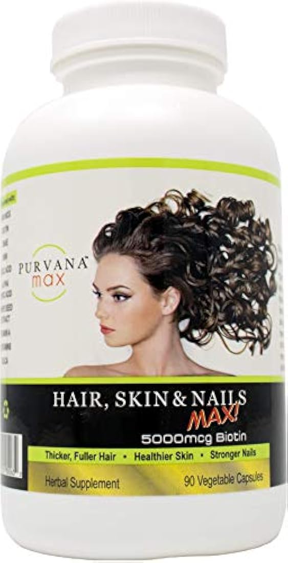 Wellgenix Purvana Max cápsulas de vitaminas para cabello, piel y uñas, biotina de doble fuerza 5000 MCG, raíz de foti, ácido fólico, extracto de semillas de uva, suplemento de hierbas (90 CT)