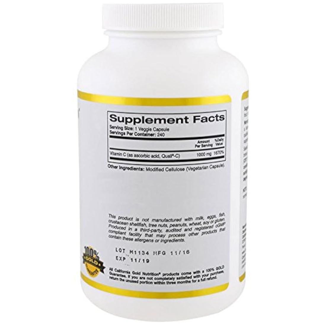 Vitamina C 1 000 mg 240 cápsulas vegetarianas sin leche.