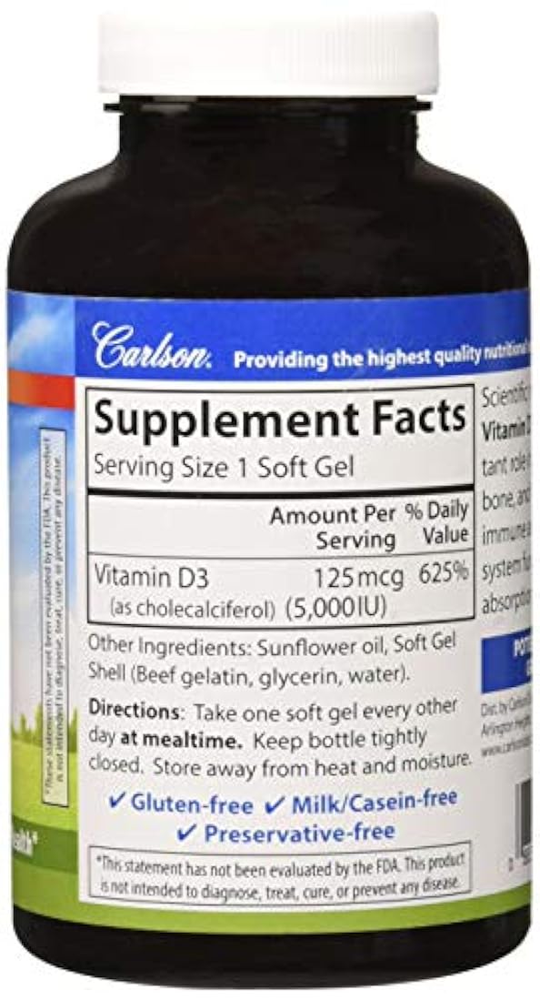 Carlson Vitamina D3 5.000 UI, salud ósea, 360 geles suaves