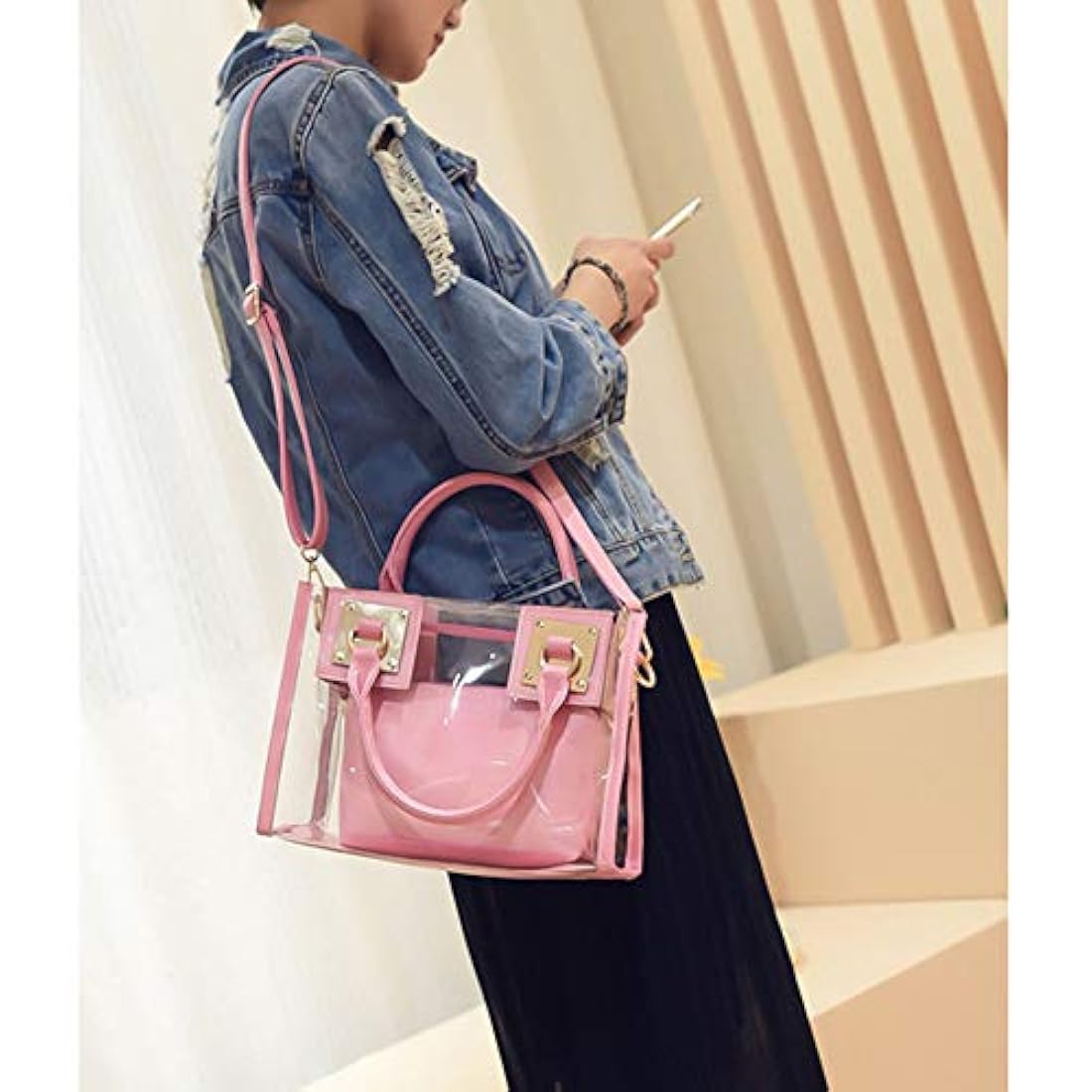 Bolso de hombro de PVC transparente y rosa, 2 piezas, COOBA